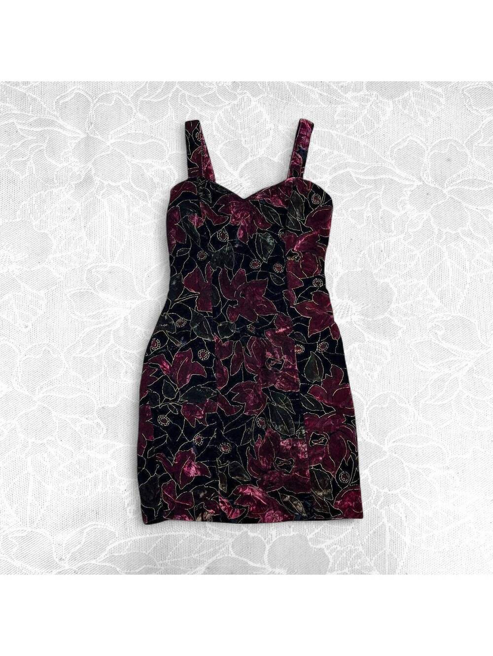 Saturday Night Vintage Velvet Floral Bodycon Mini Dress - Size 5